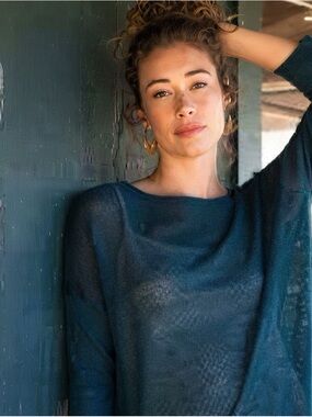 INDIGENOUS Fair Trade Organic Cotton Open Knit Mesh Tunic Sweater Teal Medium